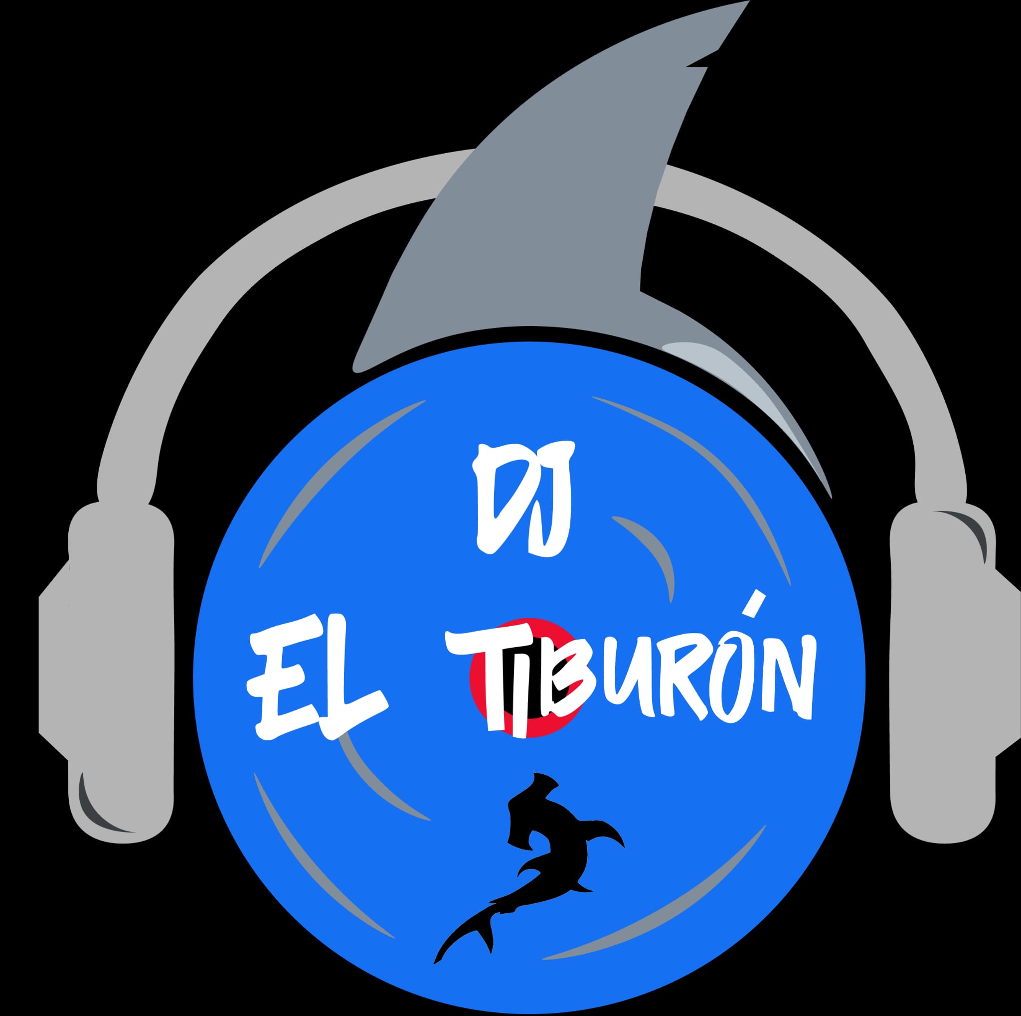 Emblema de DJ El Tiburón: disco azul, audífonos y aleta de tiburón